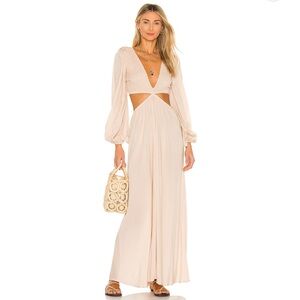 Indah Julie Solid Ruched Bodice Cutaway Maxi Dress in Doe